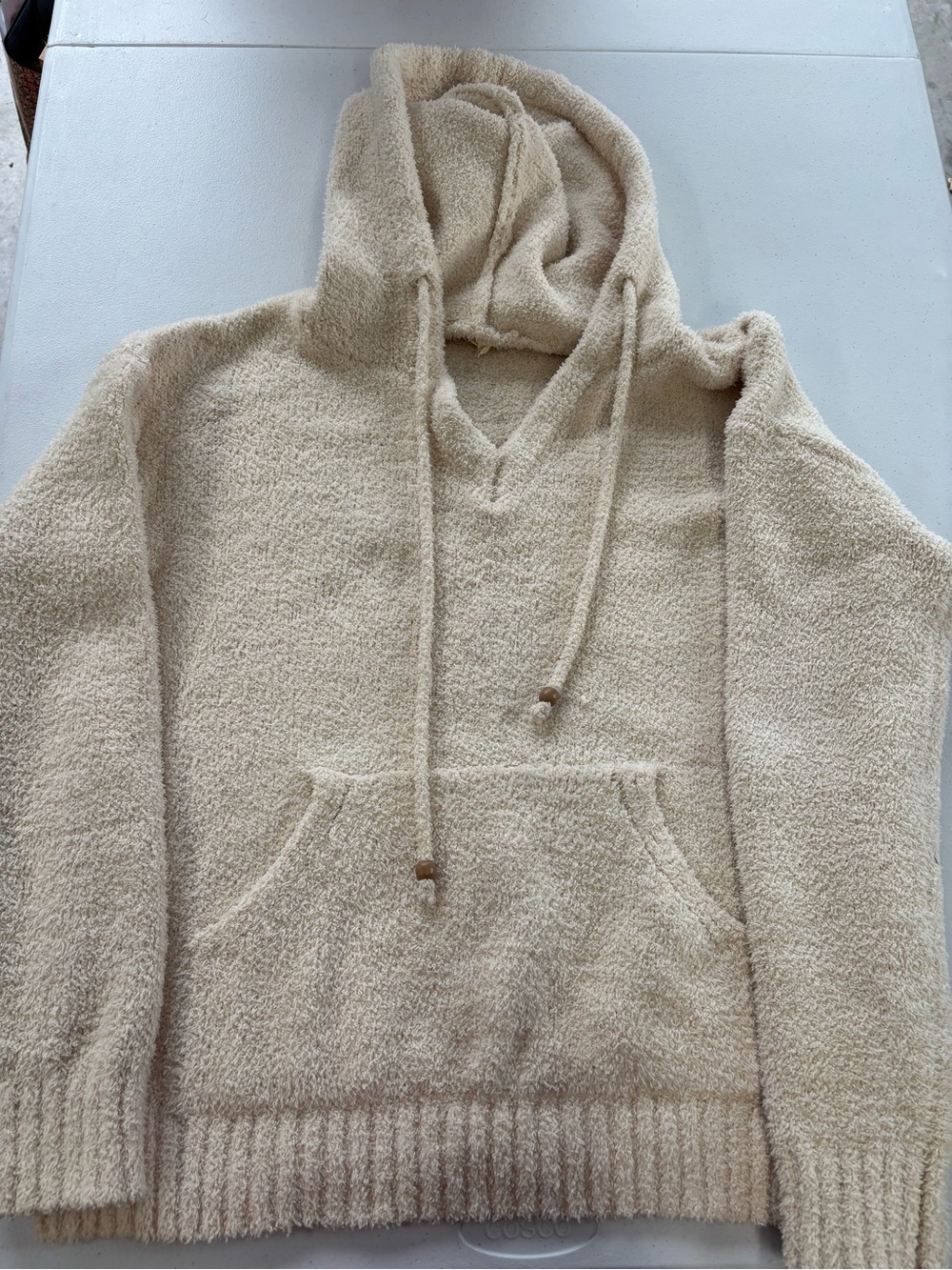 Hem & Thread Cream Textured Hooded V-Neck Sweater